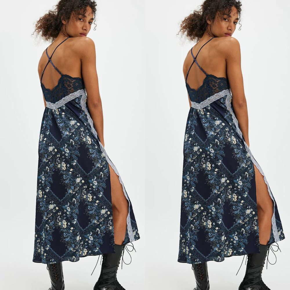 Free People Just Dreamy Maxi Slip Indigo Blue Large NWT